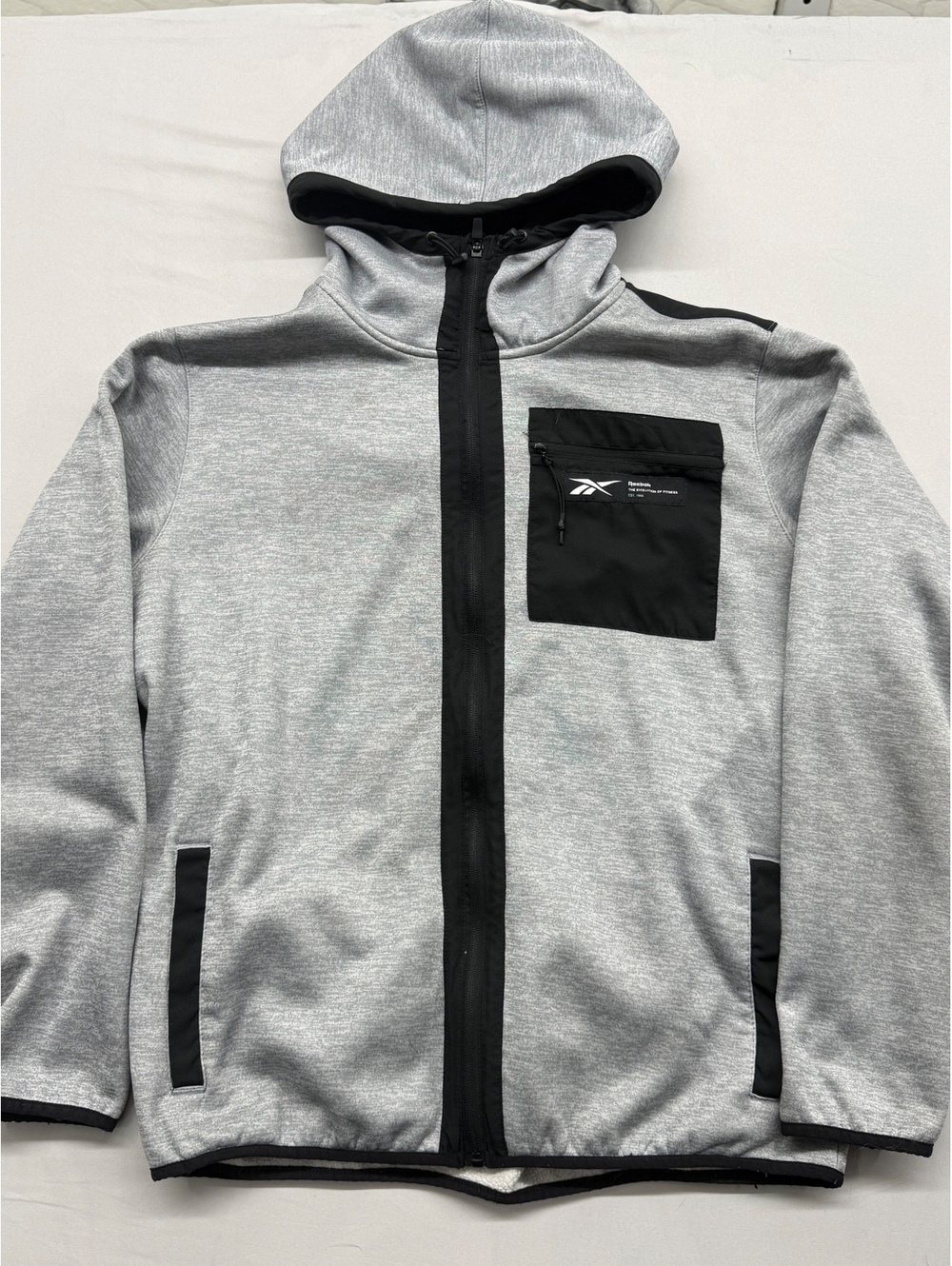 Reebok Mens Performance Zip Hoodie Gray Black Tech Fleece Large